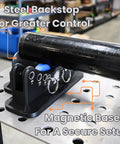 Magnetic Pipe Bevel Roller System For Welding And Fabrication - Steel backstop with magnetic base for secure pipe setup on table.