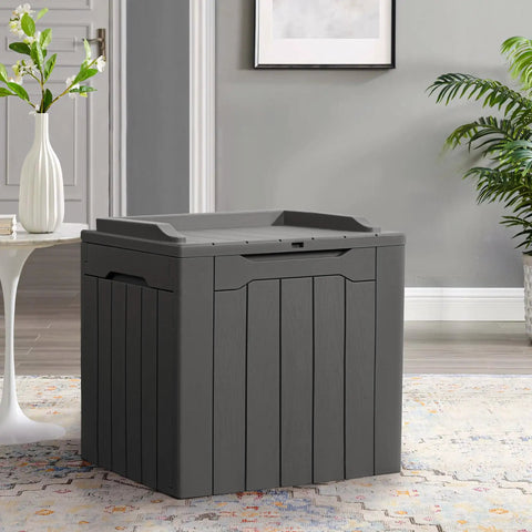 31 Gallon Weatherproof Resin Deck Box With Lid For Indoor Outdoor Storage Durable Grey Outdoor Storage Container For Patio Furniture Cushions Garden Tools And More Doubles As A Seat Or Side Table shown in a living room setting.