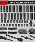 111-Piece Mechanics Tool Set With Metric 8-15mm And SAE Five Sixteenths To Three Quarters Inch Sockets, Deep And Shallow Sockets displayed