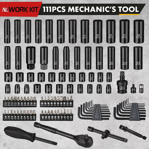 111-Piece Mechanics Tool Set With Metric 8-15mm And SAE Five Sixteenths To Three Quarters Inch Sockets, Deep And Shallow Sockets displayed