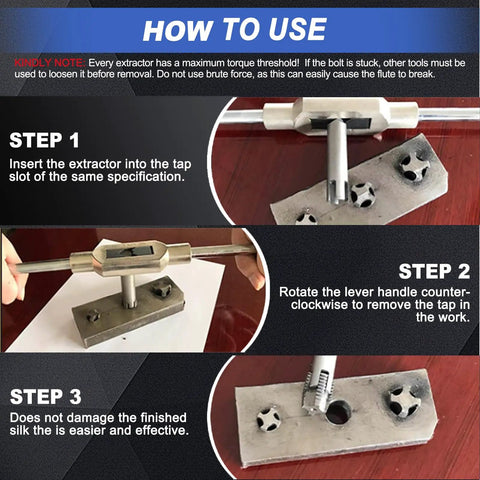 Step-by-step use of Tap Extractor Set 3 4 Flute Steel Broken Head Taps Remover for Damaged Taps and Bolts, 10 Piece Set