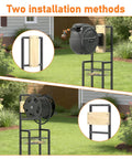 Two installation options for Freestanding Garden Hose Reel Stand For Outdoors No Wall Drilling Required with mounting brackets.