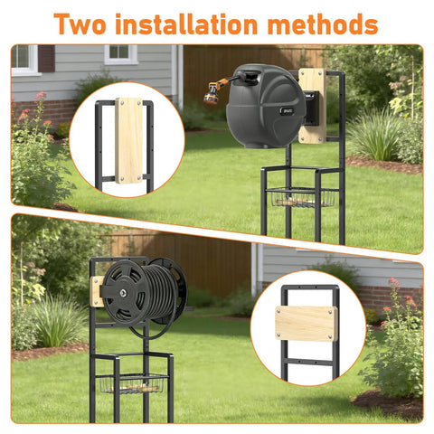 Two installation options for Freestanding Garden Hose Reel Stand For Outdoors No Wall Drilling Required with mounting brackets.
