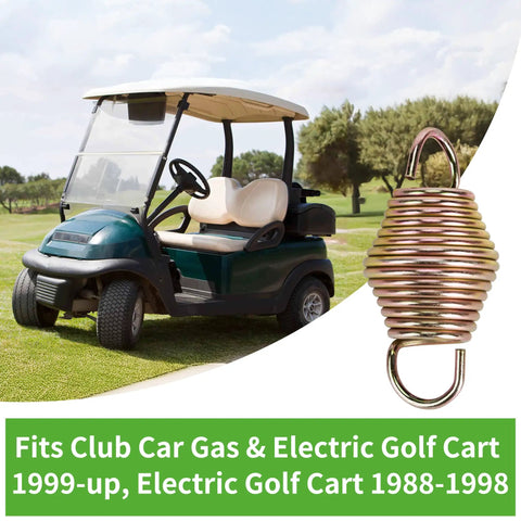Heavy Duty Golf Cart Brake Return Spring Fits Club Car DS OEM Replacement 1013531 next to a golf cart on a course.