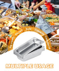 Six Pack 1/3 Size Stainless Steel Steam Table Pans 2.5 Inch Deep Hotel Pan Trays for buffet and catering shown with foods