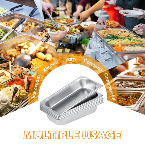 Six Pack 1/3 Size Stainless Steel Steam Table Pans 2.5 Inch Deep Hotel Pan Trays for buffet and catering shown with foods