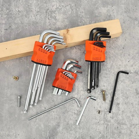 Kickstart Your Handyman Skills With This Awesome LYIYEYAN 27 Piece Hex Key Set! Get Ball End Allen Wrenches Plus Torx Star Bits For Quick Bike Fixes, Furniture Assembly, And Tough Mechanical Repairs. Made From Durable CR V Steel That Handles Heavy Usage. 27-piece L-shaped hex key set with ball end and Torx bits on orange holders