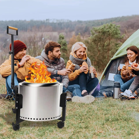 Beefy Rolling Stand With Telescopic Handle For 19.5 Inch Smokeless Fire Pits near campers by a tent outdoors