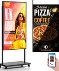 65 Inch Floor Standing Digital Signage 4K UHD Display Android 14 showcasing vibrant ads for new arrivals and food offers.