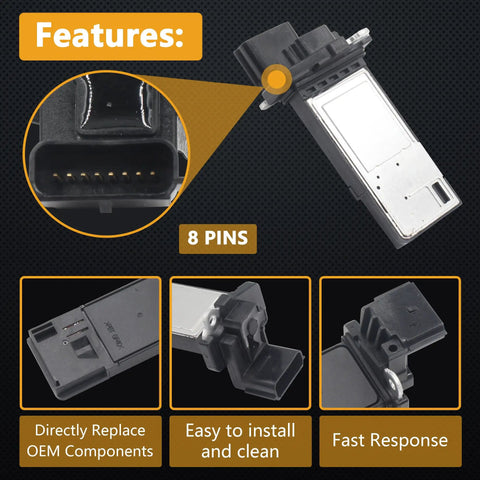 Mass Air Flow Sensor MAF Meter For GM Rides Like Chevrolet Malibu 1.5L 2016 2020 And Cadillac ATS CT6 2016 2020 Replace OE 23118170 23366103 20787043 Direct Fit showing front view and features like 8 pins, direct replacement, easy cleaning.