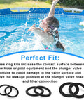 Child playing in a blue above-ground pool with text about 12 Piece Pool Hose Washer And Ring Replacement Kit With O Rings And Washers.