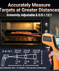 Non Contact Infrared Thermometer Gun For Cooking And BBQ With Backlight - Laser Temperature Gun For Grilling, Pizza Oven, And Smoker, Reads -58F To 712F, Handheld, Emissivity Adjustable 0.1-1.0, Not For Human Use, aimed at oven