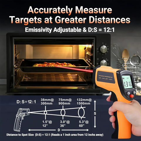 Non Contact Infrared Thermometer Gun For Cooking And BBQ With Backlight - Laser Temperature Gun For Grilling, Pizza Oven, And Smoker, Reads -58F To 712F, Handheld, Emissivity Adjustable 0.1-1.0, Not For Human Use, aimed at oven