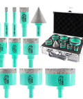 Front view: LEKOMESH 11-piece diamond core drill bit set with tile hole saws and triangle shank in metal case