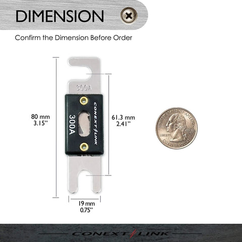 Dimension comparison of Nickel Plated 300 Amp ANL Fuse 5 Pack For Auto Electrical Systems with a quarter and measurements in inches and mm.