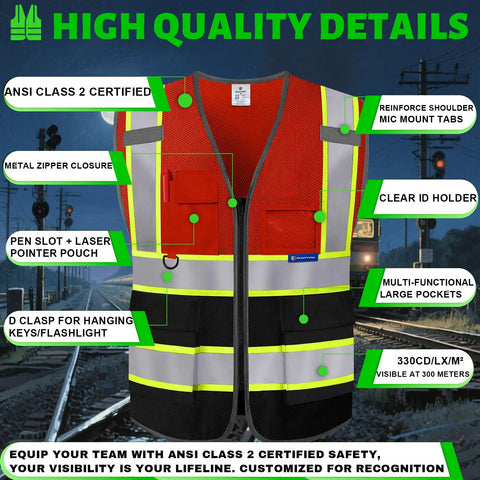 Snag This Dope Custom Logo Ansi Class 2 Hi Vis Mesh Safety Vest For Men featuring reflective pockets and reinforced mic tabs.