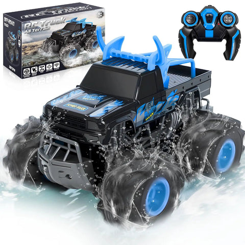 Amphibious One To Sixteen Scale Remote Control Monster Truck With Waterproof Sealed Body splashing in water with box and remote