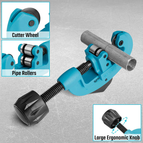 Tubing Cutter For Copper, Aluminum, Brass, And Plastic Tubing 1/8 To 1-1/4 Inch Quick Acting Cutter with replacement wheel and reamer