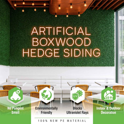 Cafe decorated with artificial boxwood hedge siding, featuring benefits of 24 Pack 20x20 Grass Wall Panels for decor.
