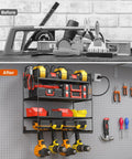 Power Tool Organizer With 10 Outlet Power Strip Four Tier Wall Mount Drill Holder And Charging Station Stores 4 Drills On Bottom Shelf