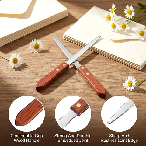 Two Pack Letter Openers With Wood Handle And Stainless Steel Blades For Grab And Go Envelope Slitters. Rosewood handles on desk.