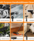 Multi-Purpose Handheld Steam Cleaner with stainless steel, nylon, and ironing brushes for deep cleaning versatility.