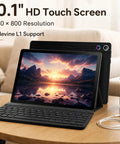 Android 16 Tablet 10.1 Inch 2 In 1 Bundle with keyboard and dual cameras on a desk