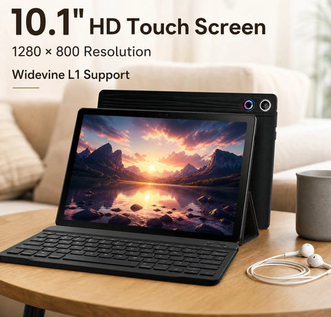 Android 16 Tablet 10.1 Inch 2 In 1 Bundle with keyboard and dual cameras on a desk
