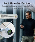 Man receiving motion alert from 1080p Outdoor Security Camera With Night Vision, Weatherproof on phone, wall-mounted camera shown.