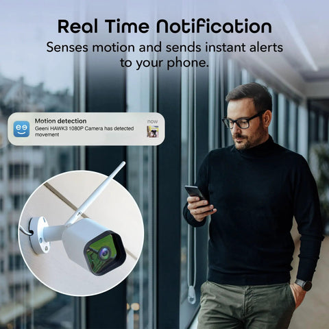 Man receiving motion alert from 1080p Outdoor Security Camera With Night Vision, Weatherproof on phone, wall-mounted camera shown.