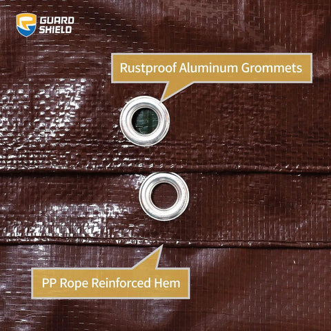 Close-up of Heavy Duty Outdoor Tarp 20x30 Feet 7Mil Brown Green Poly Cover Waterproof with grommets and reinforced hem
