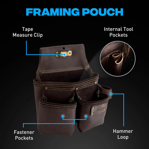 Leather Construction Tool Belt With 22 Pockets, Oil-Tanned Leather, with tape measure clip, fastener pockets, and hammer loop