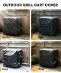 Outdoor Grill Cart Cover protecting a grill in various weather conditions: sun, rain, snow, and wind, with wooden fence backdrop.