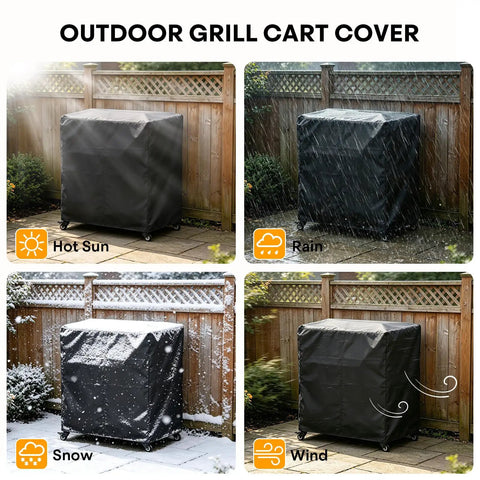 Outdoor Grill Cart Cover protecting a grill in various weather conditions: sun, rain, snow, and wind, with wooden fence backdrop.