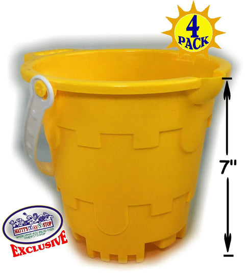Yellow bucket from 4 Pack 7 Inch Castle Sand Buckets With Easy Pour Spout And Handle In Blue, Pink, Green And Yellow, Plastic Beach Sandcastle Molds For Kids, Summer Beach Gear Set