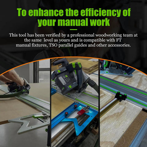 Top Shelf Track Saw Guide Rail Kit With Smooth As Butter Glide And Ultra Tough Aluminum Profile For TS55 TS75 woodworking setup in action on plywood.