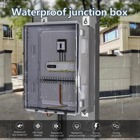 Hella Tough ABS Electrical Junction Box With Ventilated Channels And Cable Grommets Straight Up IP65 Weatherproof Enclosure wall-mounted with clear lid.