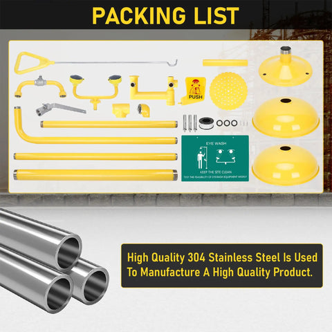 Heavy Duty Emergency Shower And Eye Wash Station With Adjustable Water Pressure Built In Filter Splash Resistant Column Flow 92 Inch Tall Stainless Steel With Yellow Coating And Emergency Sign parts layout with stainless steel tubing.