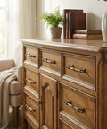 Wood dresser with 12 Pack Antique Brass Cabinet Pulls And Handles For Drawers, Closets, Dresser And More, 110 mm Hole Center