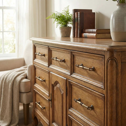 Wood dresser with 12 Pack Antique Brass Cabinet Pulls And Handles For Drawers, Closets, Dresser And More, 110 mm Hole Center