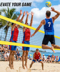 Players using Heavy Duty Volleyball Net Set For Backyard and Beach Play With Anti Sag Winch 32Ft Reinforced Net