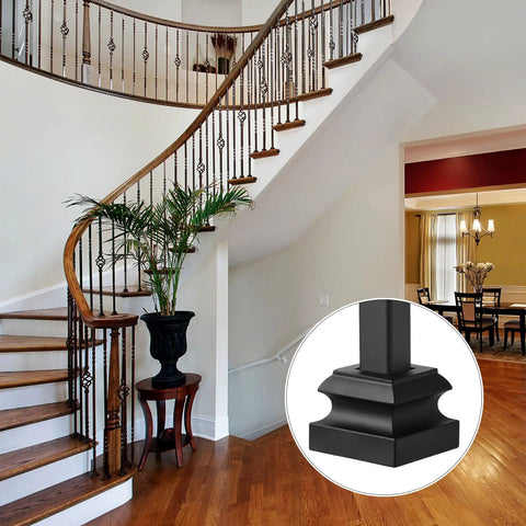 Satin black iron baluster shoes on staircase spindle railing with focus on design insert. Iron Baluster Shoes for One Half Inch Square Stair Rails No Fuss Install Satin Black 48 Piece Set with Screw On Design Durable Rust Resistant Hardware for Safe, Sturdy Staircase Spindle Railing.