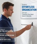 Man installing Heavy Duty Wall Mounted Storage Hooks For Slatwall And Garage Organization on pegboard, secure locking design