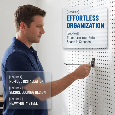 Person installing 20 pcs slatwall shelf hooks for retail display iron with polished finish secure attachment easy quick installation