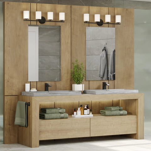 Sleek Four-Light Etched-Glass Bath Vanity Light In Textured Black Finish For Modern Coastal Bathrooms, Offering Bright, Soft Illumination And Boss Vanity Lighting For A Luxe Look