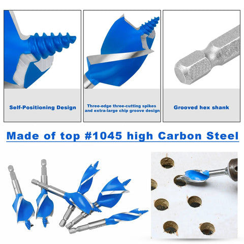 Six Piece Wood Auger Drill Bit Set For Woodworking And DIY, Sizes 1/2 In, 5/8 In, 3/4 In, 7/8 In, 1 In And 1-1/8 In, 4 Inch Long Bits