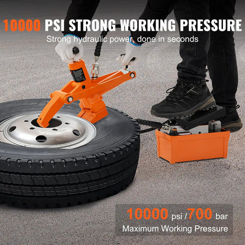 Hydraulic Bead Breaker With 10000 PSI Power And Metal Foot Pump Heavy Duty Steel Tool in use on truck tire rim