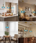 BBLLWJ 1-Pack Vintage Pendant Light for Kitchen Island, Brass & Wood Hanging Fixture, blue glass shade in kitchen and dining areas.