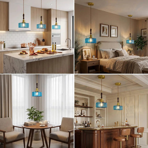BBLLWJ 1-Pack Vintage Pendant Light for Kitchen Island, Brass & Wood Hanging Fixture, blue glass shade in kitchen and dining areas.
