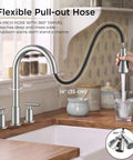 FORIOUS 2-Handle Kitchen Faucet with Pull Down Sprayer, Brushed Nickel featuring a flexible 14-inch pull-out hose and swivel spout.